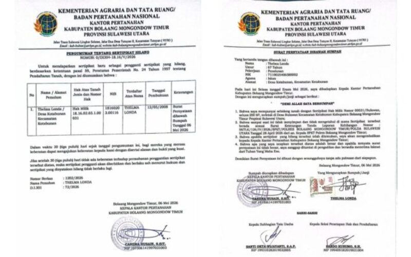 Pengumuman Kehilangan Sertipikat Tanah Atas Nama Thelma Londa